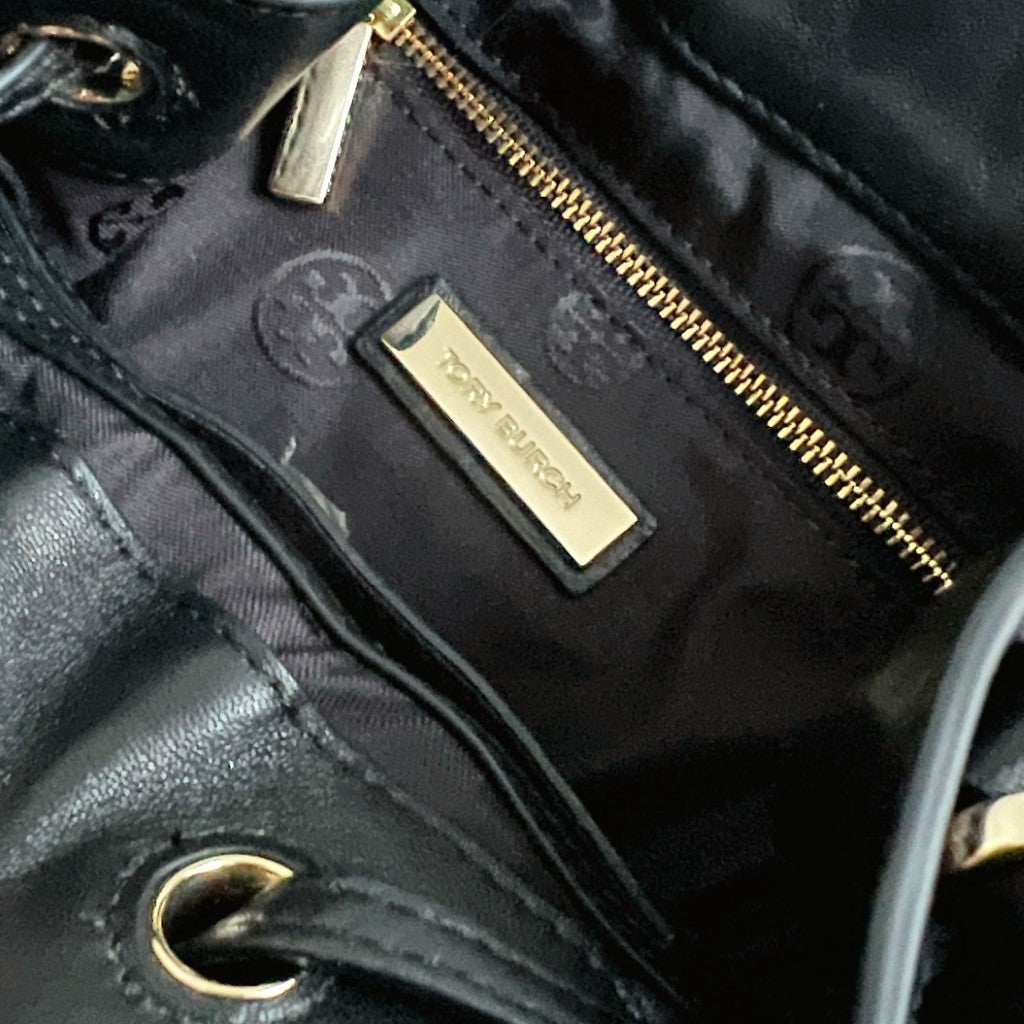 Tory Burch Black Leather Quilted Drawstring Bucket 2 Way Shoulder Bag New with Tags