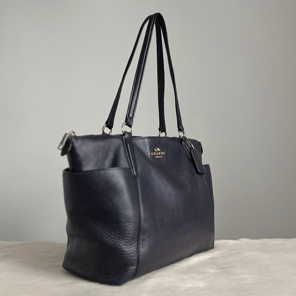 Coach Navy Leather Front Logo Carryall Shoulder Bag