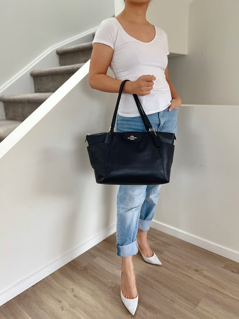 Coach Navy Leather Front Logo Carryall Shoulder Bag