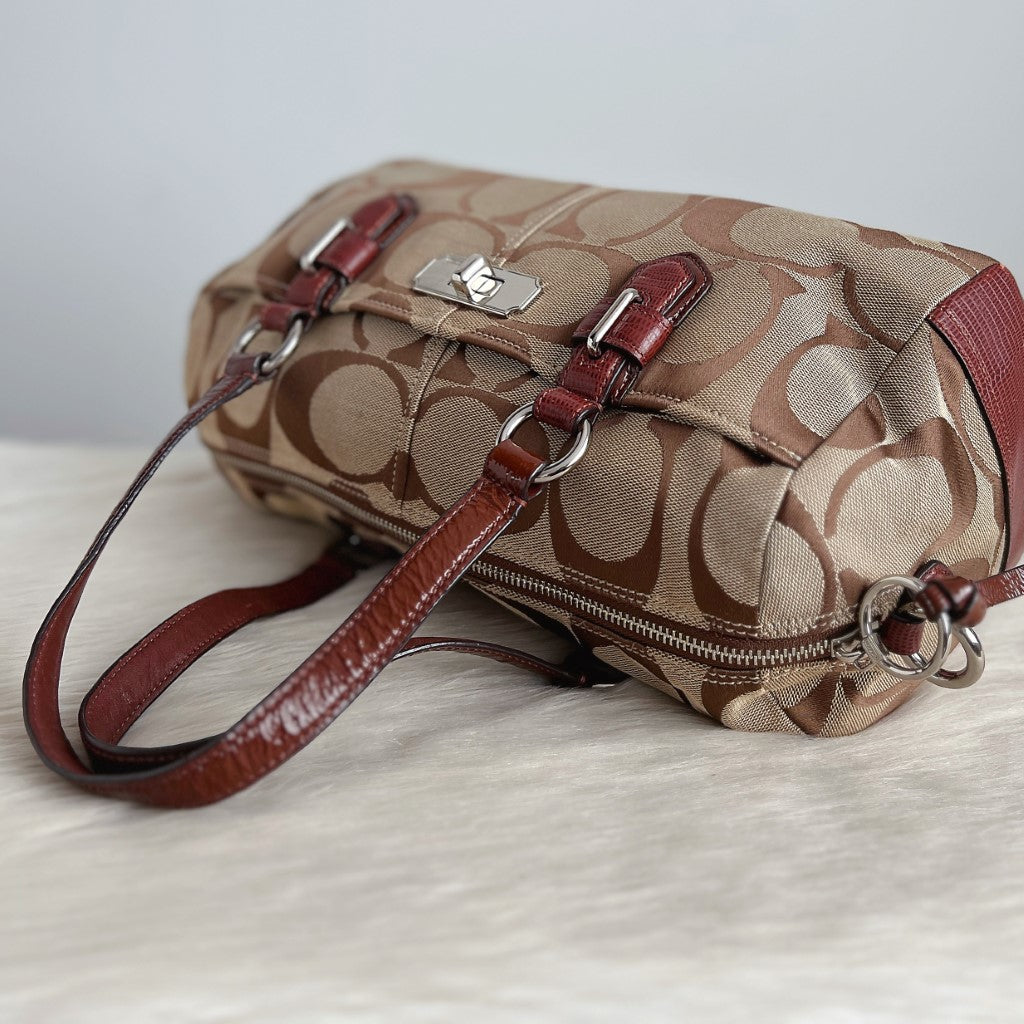 Coach Brown Leather Monogram Boston 2 Way Shoulder Bag