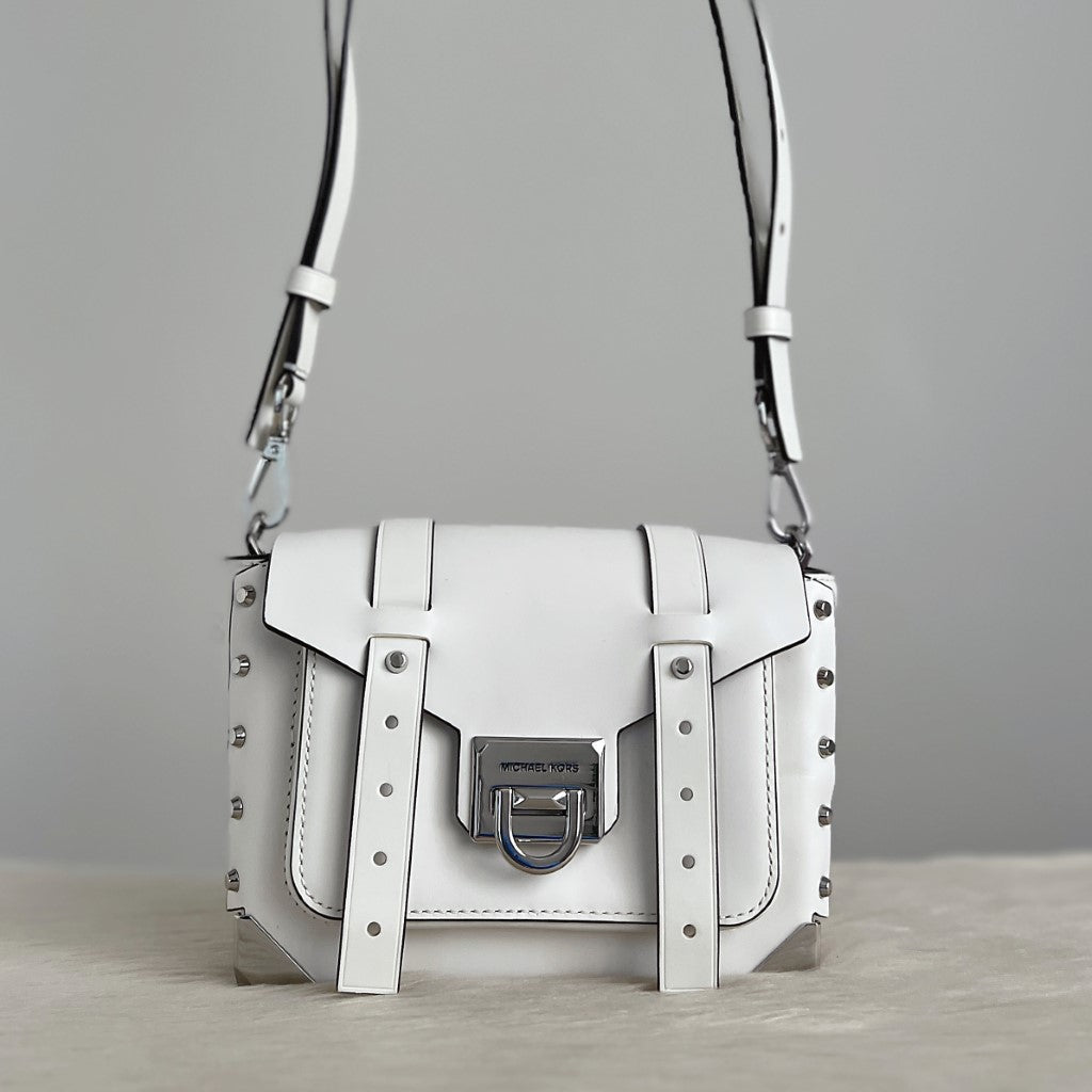 Michael Kors White Leather Studded Detail Crossbody Shoulder Bag Excellent