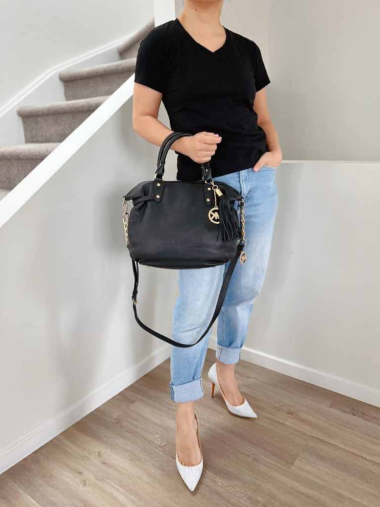 Michael Kors Black Leather Tassel Charm 2 Way Shoulder Bag Excellent