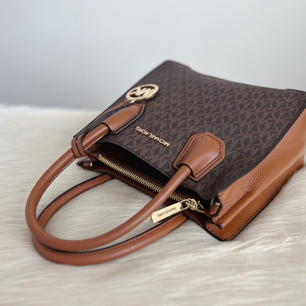 Michael Kors Monogram MK Charm Triple Compartment Shoulder Bag Excellent