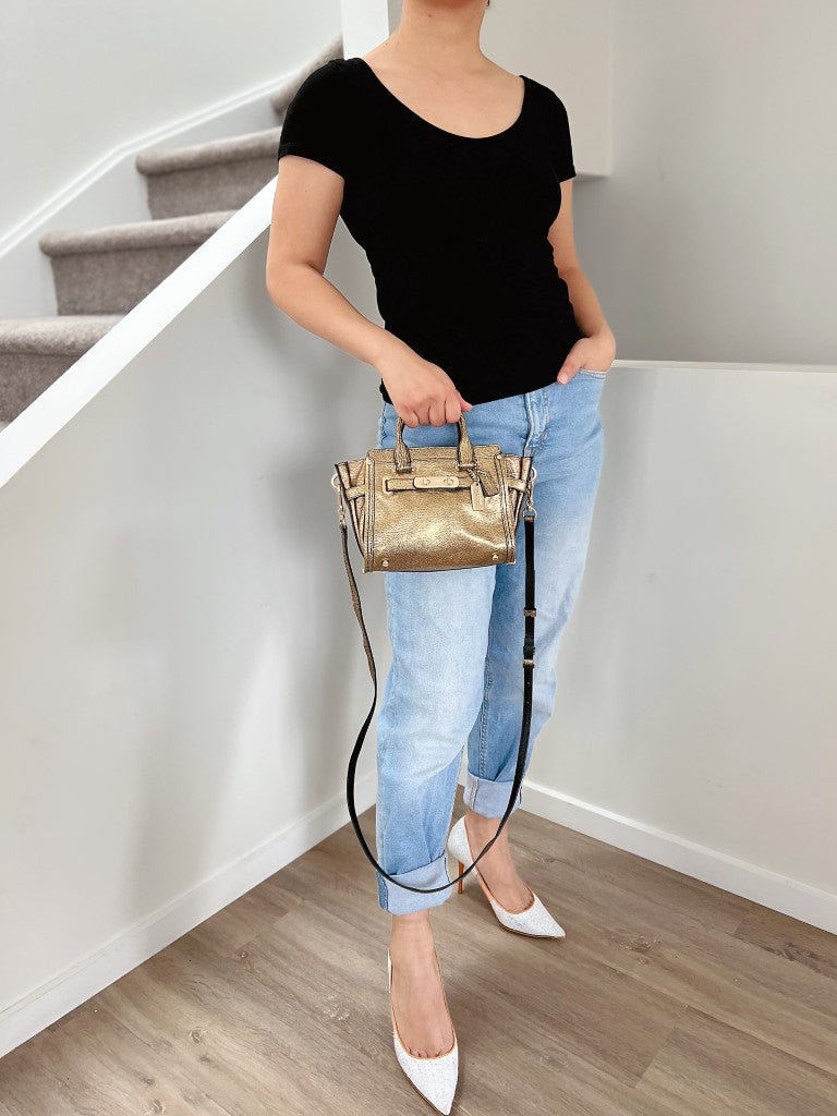 Coach Metallic Gold Leather Turn Lock Small 2 Way Shoulder Bag Excellent