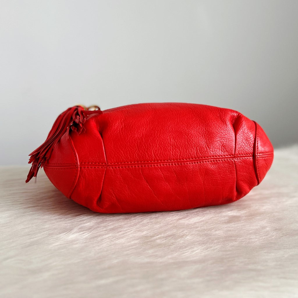 Michael Kors Bright Red Leather MK Tassel Charm 2 Way Shoulder Bag
