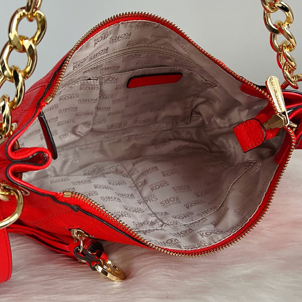 Michael Kors Bright Red Leather MK Tassel Charm 2 Way Shoulder Bag