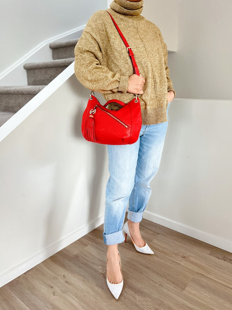 Michael Kors Bright Red Leather MK Tassel Charm 2 Way Shoulder Bag