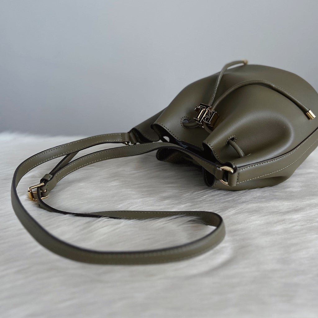 Ralph Lauren Olive Leather Drawstring Bucket Shoulder Bag New with Tags