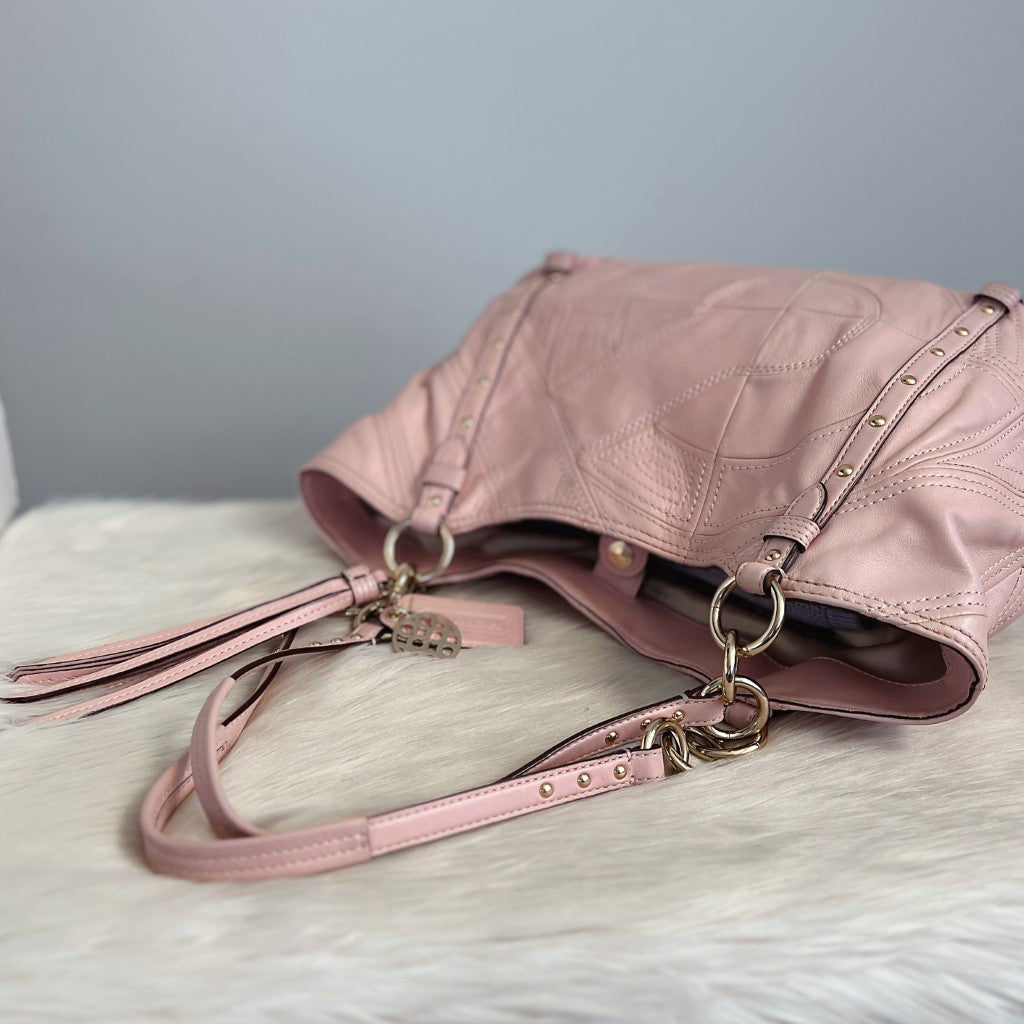 Coach Pink Leather Tassel Charm Triple Compartment Shoulder Bag