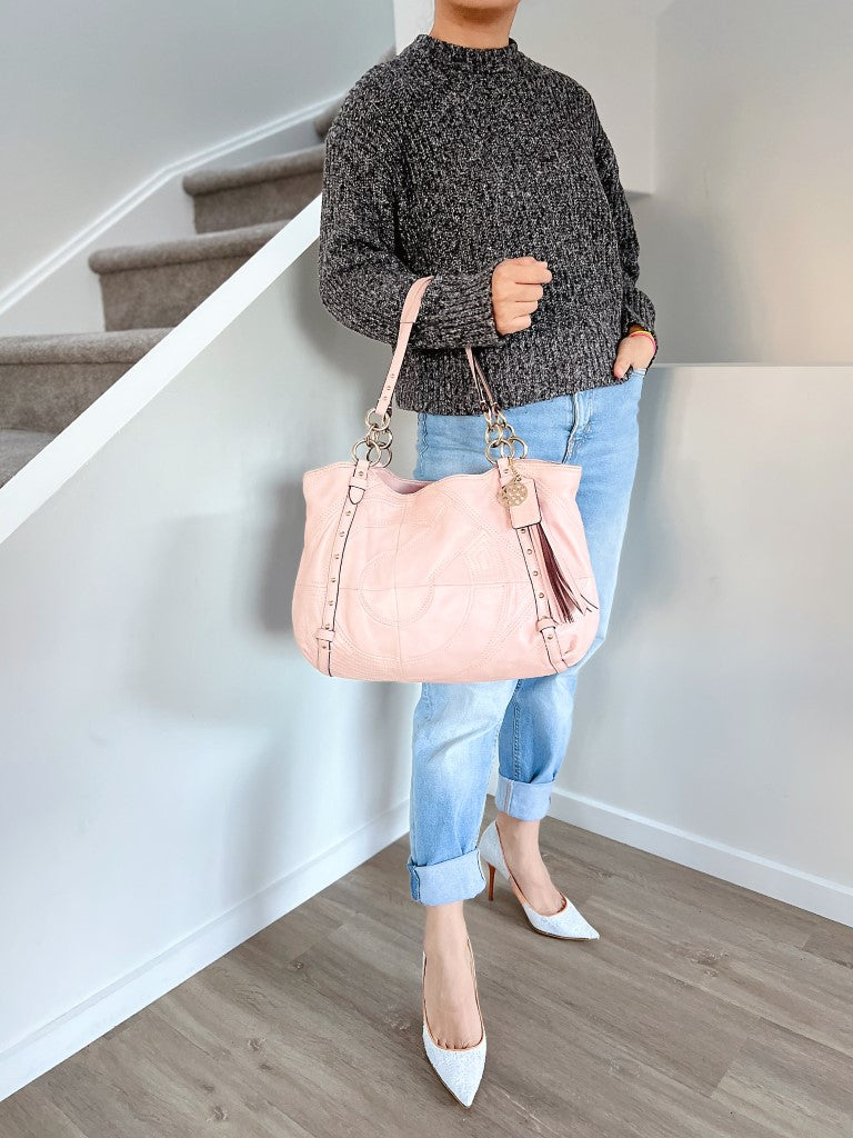 Coach Pink Leather Tassel Charm Triple Compartment Shoulder Bag