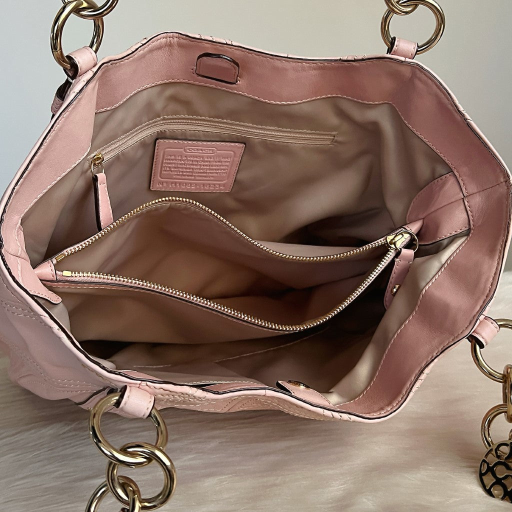 Coach Pink Leather Tassel Charm Triple Compartment Shoulder Bag