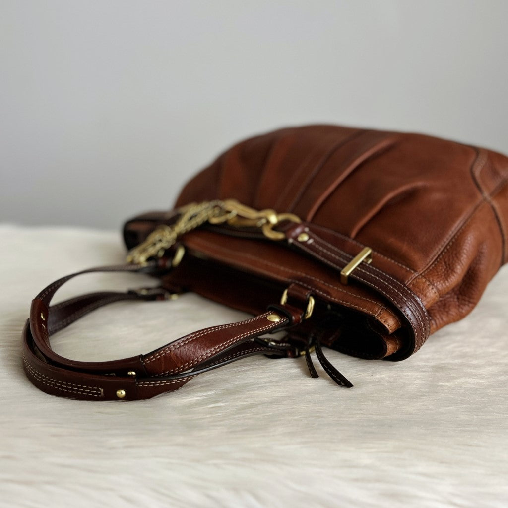Coach Two Tone Leather Front Buckle Tassel Charm Detail Shoulder Bag