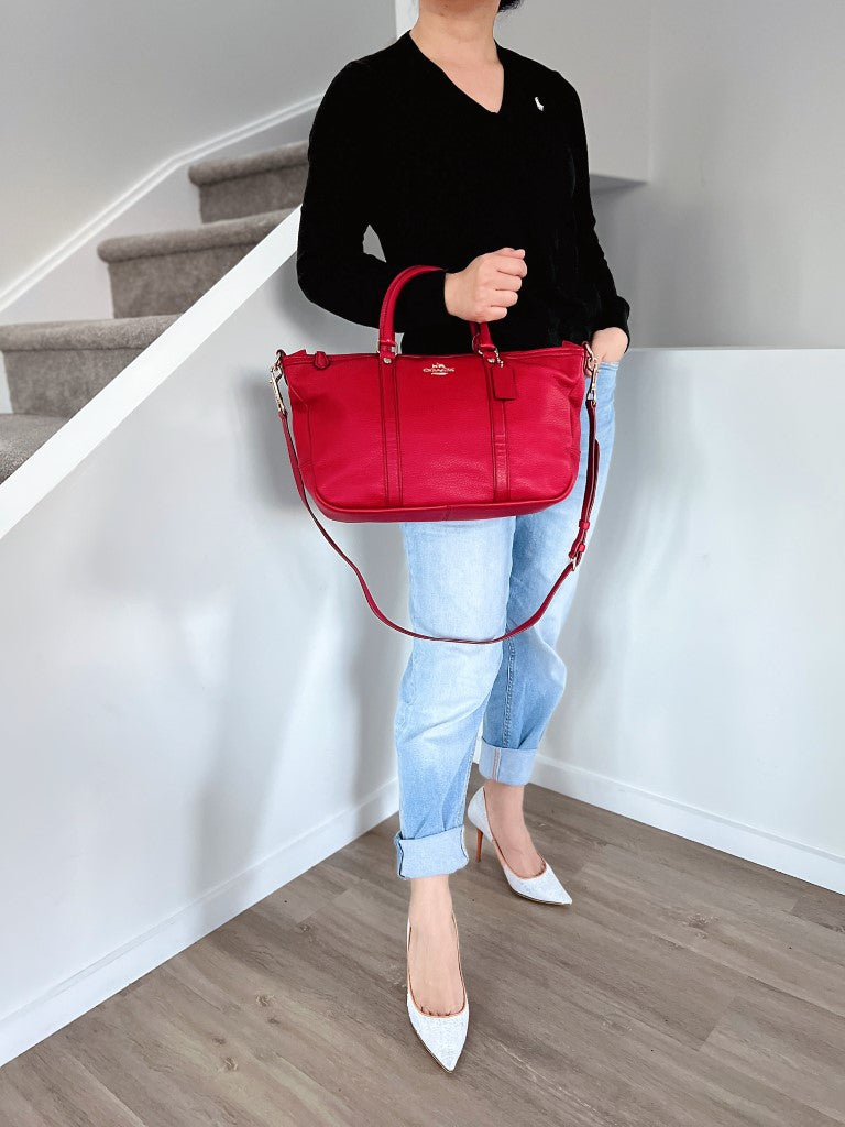 Coach Red Leather Front Logo Carryall 2 Way Shoulder Bag