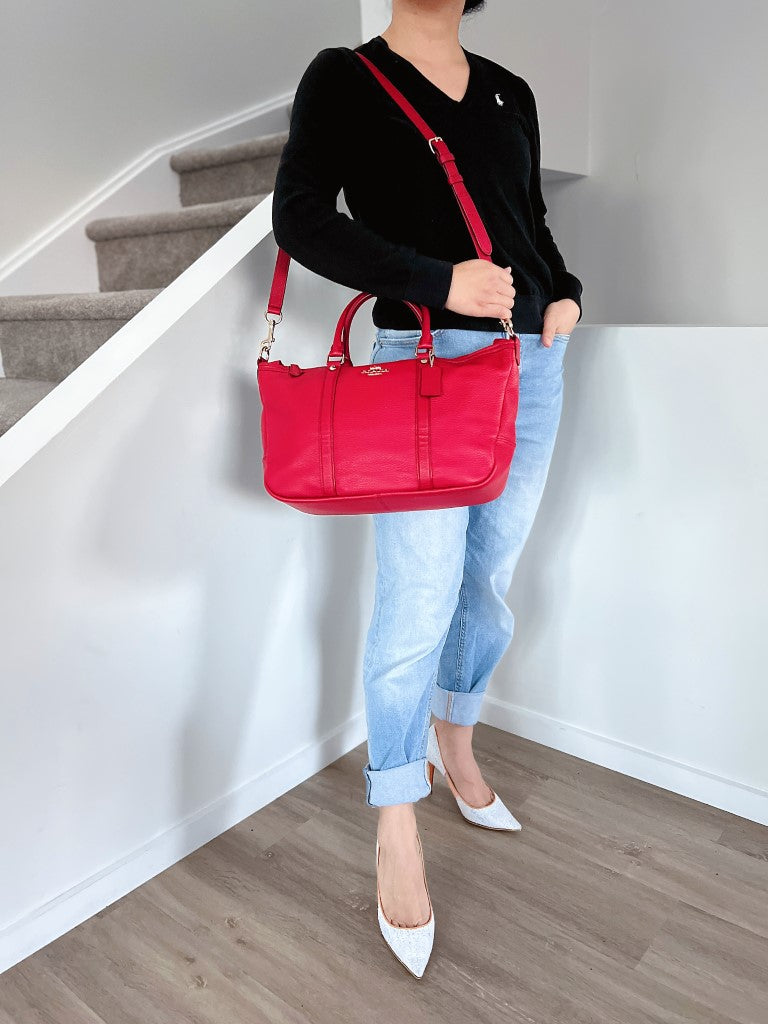 Coach Red Leather Front Logo Carryall 2 Way Shoulder Bag
