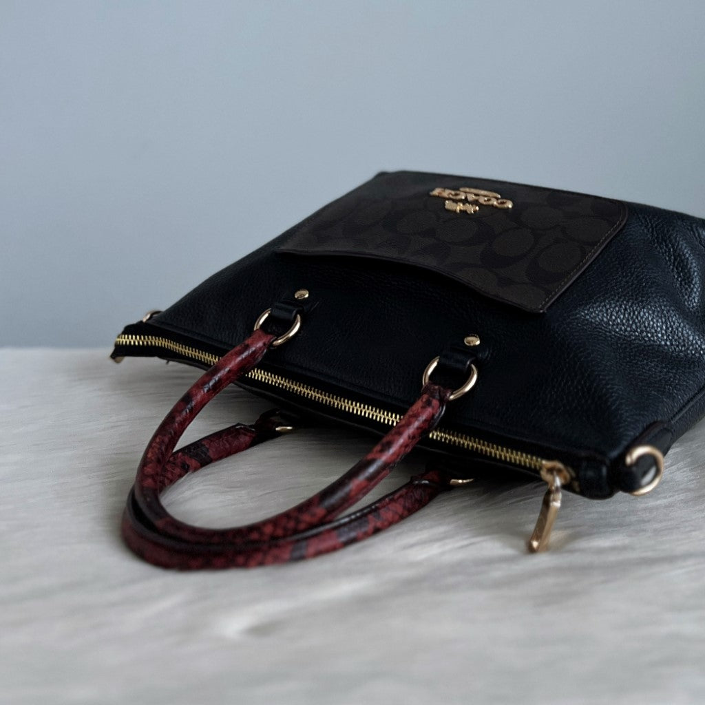 Coach Black Leather Monogram Patchwork Pocket 2 Way Shoulder Bag