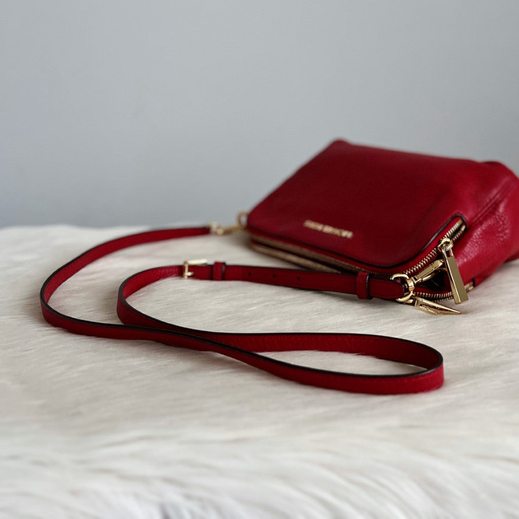 Michael Kors Red Leather Triple Compartment Crossbody Shoulder Bag