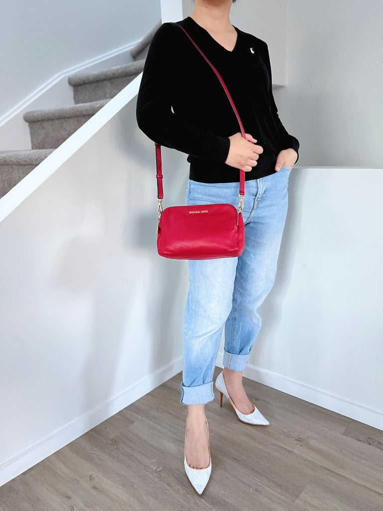 Michael Kors Red Leather Triple Compartment Crossbody Shoulder Bag