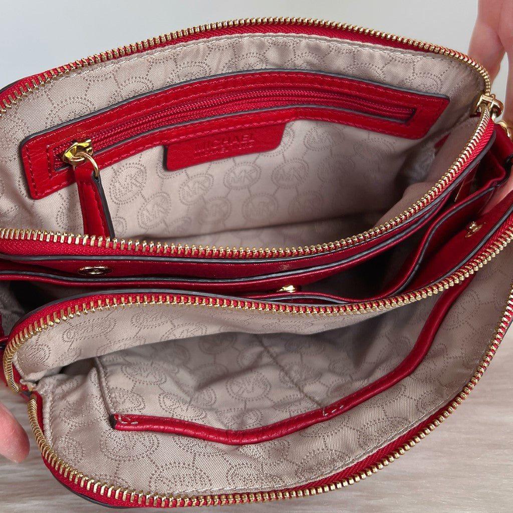 Michael Kors Red Leather Triple Compartment Crossbody Shoulder Bag