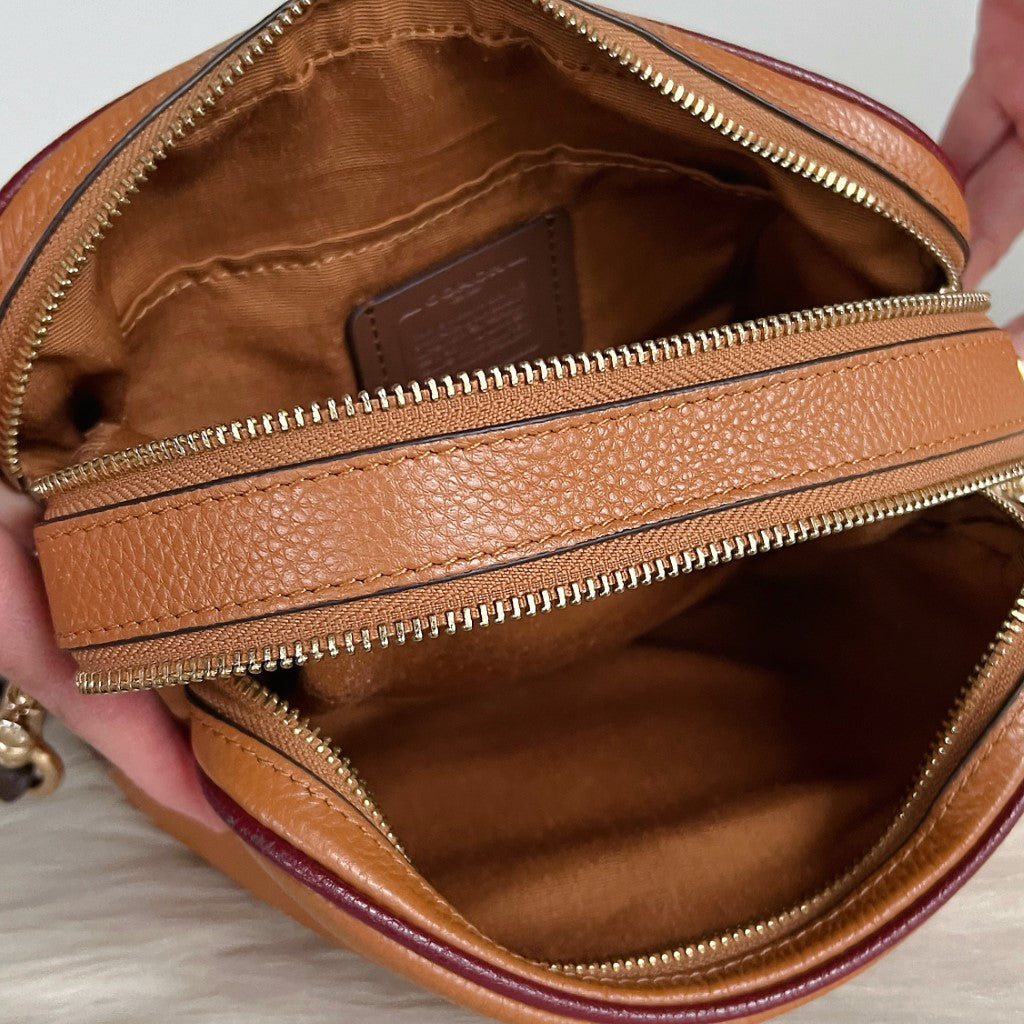 Coach Caramel Leather Double Compartments Crossbody Shoulder Bag