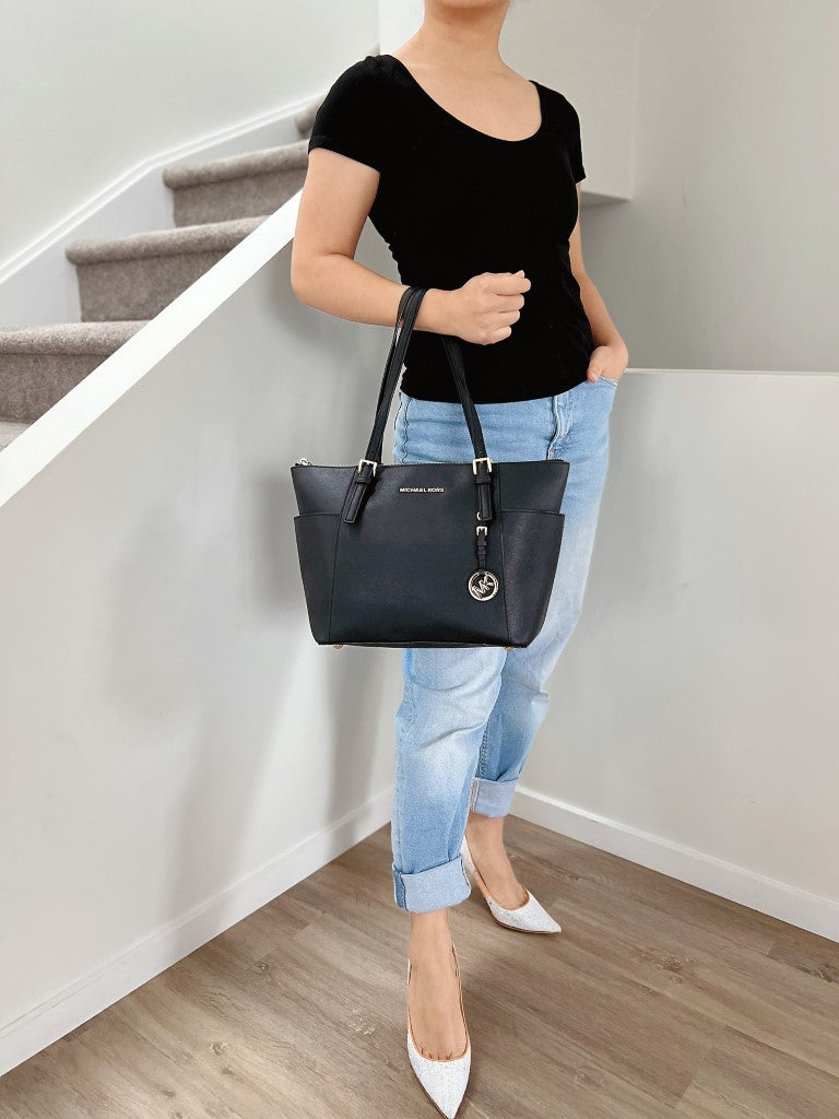 Michael Kors Black Leather MK Charm Career Shoulder Bag Excellent