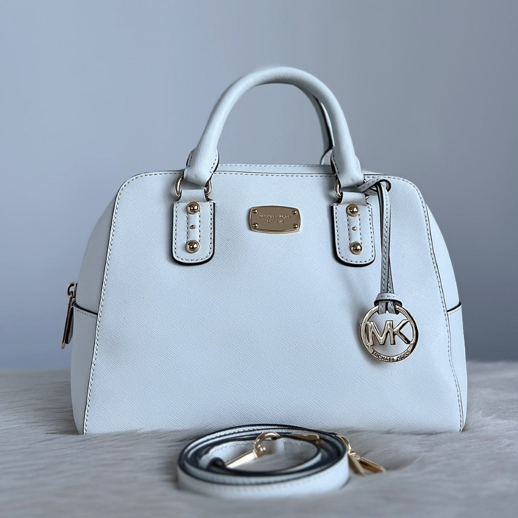 Michael Kors White Leather MK Charm Boston 2 Way Shoulder Bag