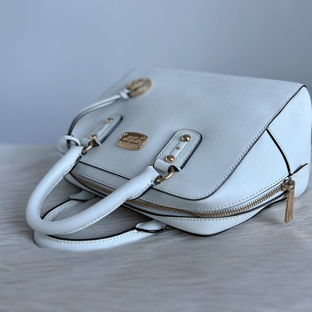 Michael Kors White Leather MK Charm Boston 2 Way Shoulder Bag