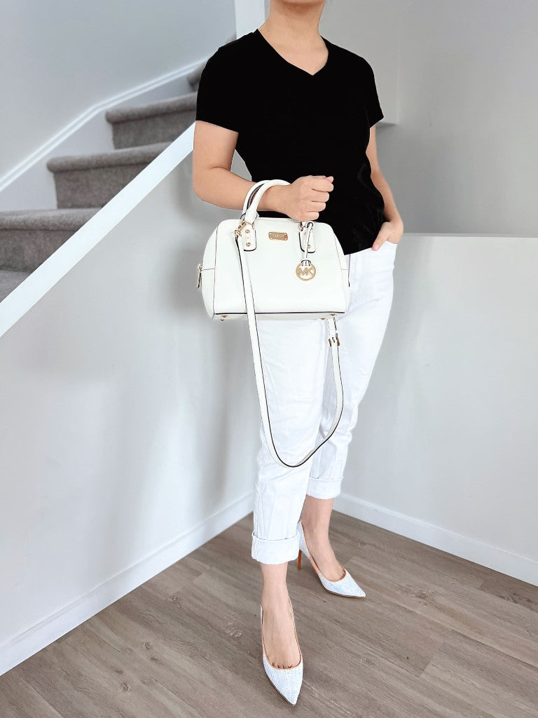 Michael Kors White Leather MK Charm Boston 2 Way Shoulder Bag