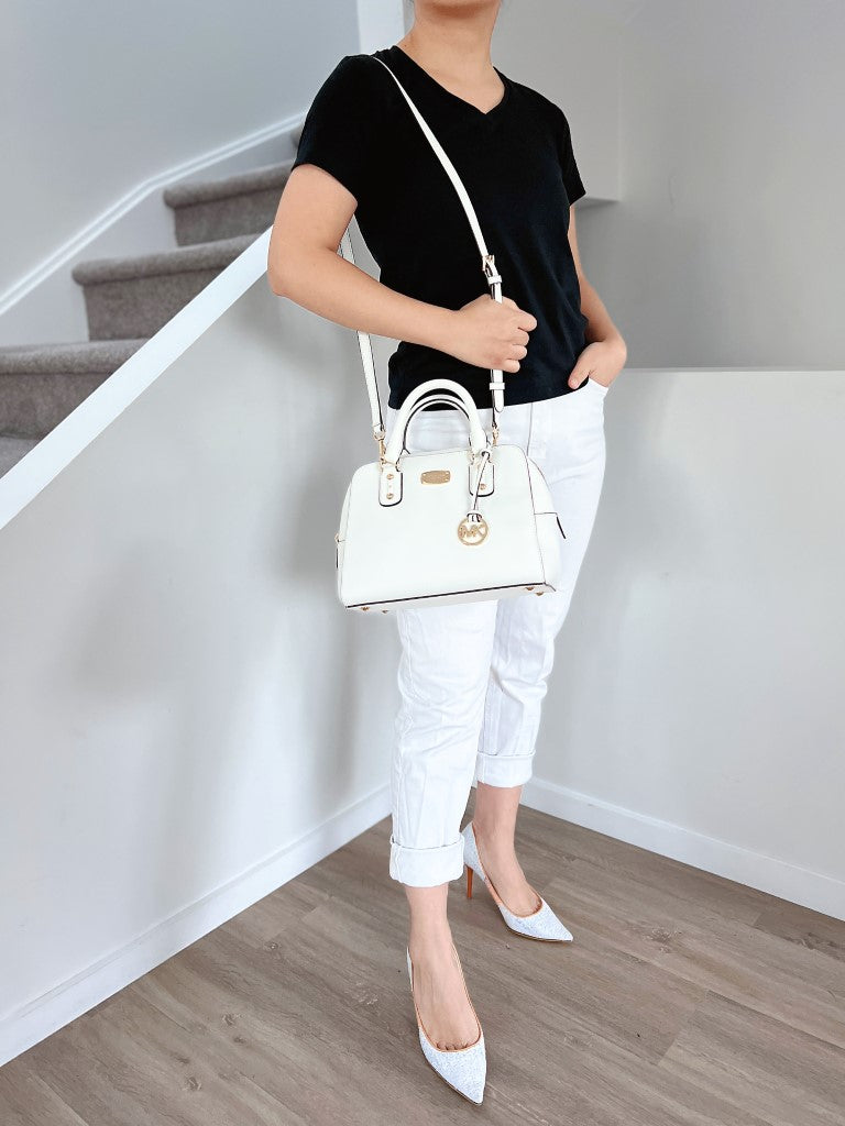 Michael Kors White Leather MK Charm Boston 2 Way Shoulder Bag