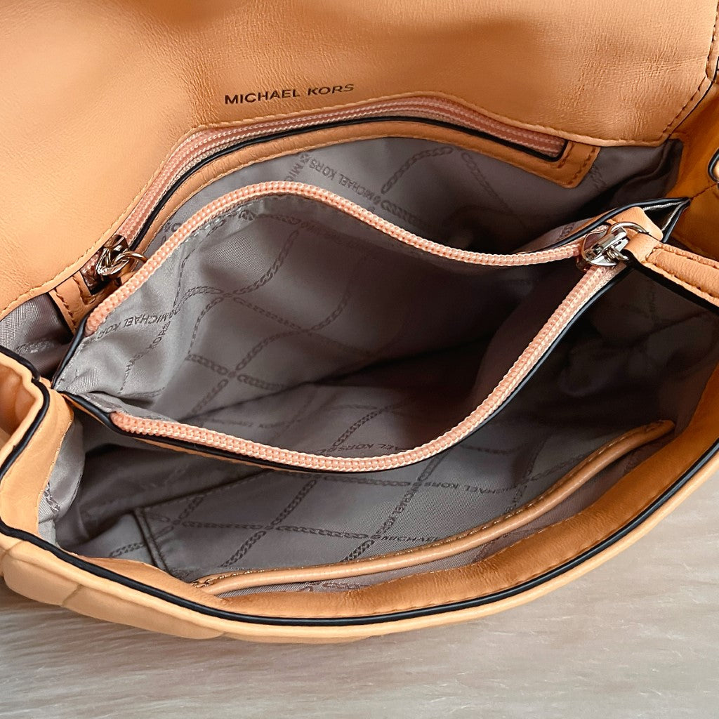 Michael Kors Peach Leather Quilted Chain Detail Crossbody Shoulder Bag