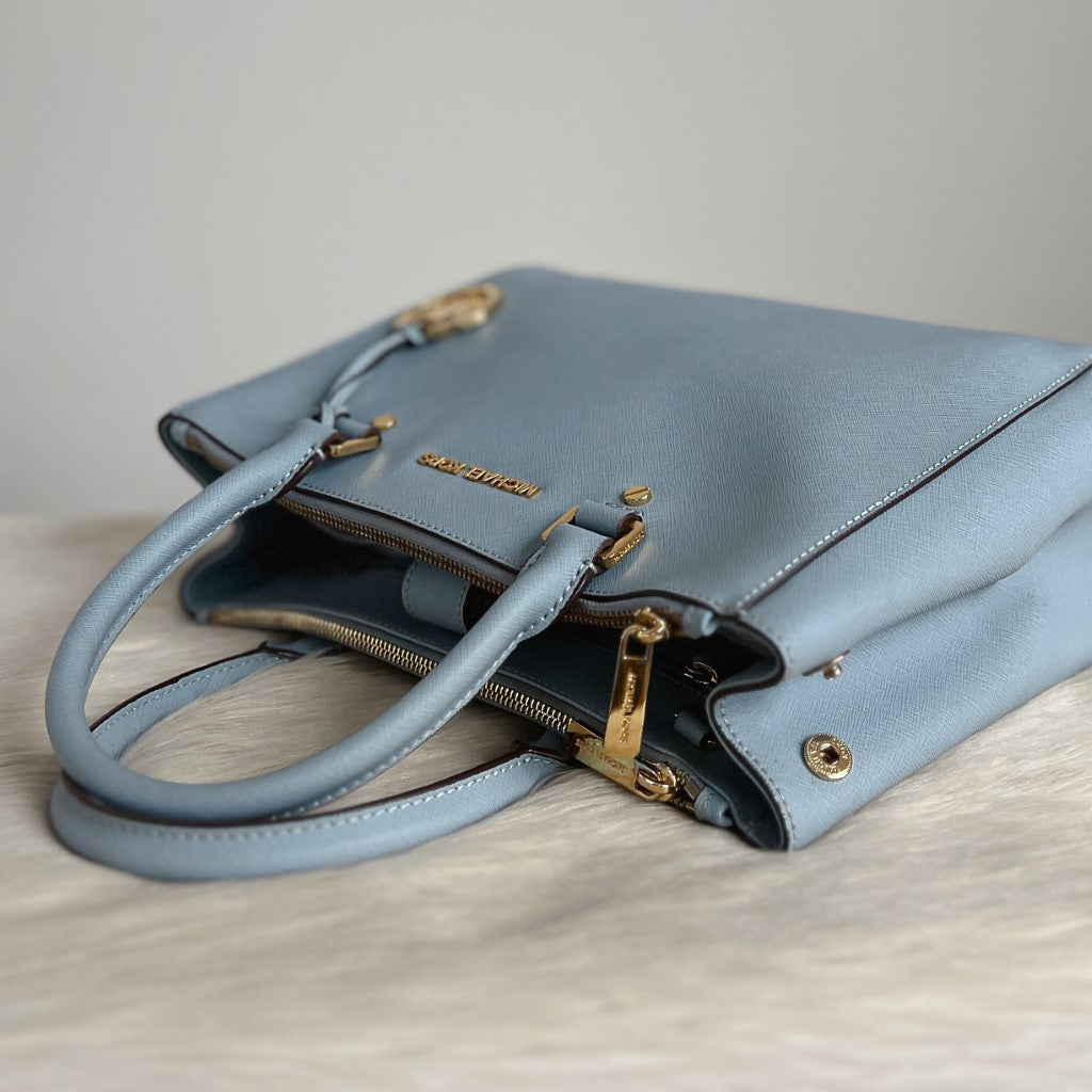 Michael Kors Light Blue Leather Triple Compartment 2 Way Shoulder Bag Excellent