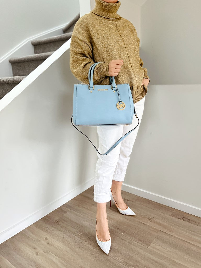 Michael Kors Light Blue Leather Triple Compartment 2 Way Shoulder Bag Excellent