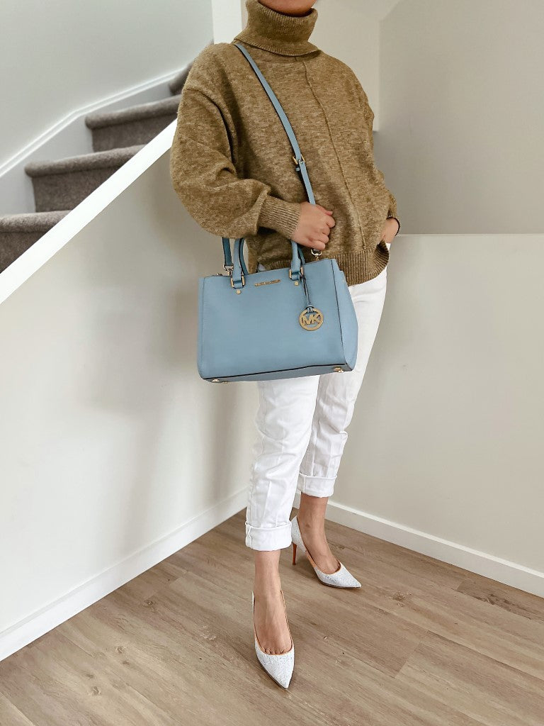 Michael Kors Light Blue Leather Triple Compartment 2 Way Shoulder Bag Excellent
