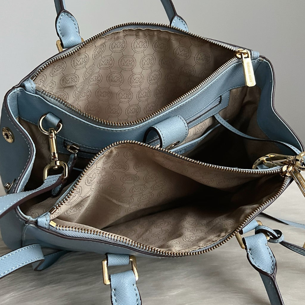 Michael Kors Light Blue Leather Triple Compartment 2 Way Shoulder Bag Excellent