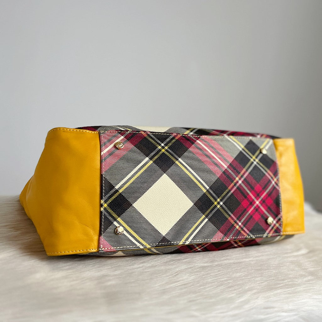 Vivienne Westwood Yellow Leather Signature Pattern Carryall Shoulder Bag Excellent