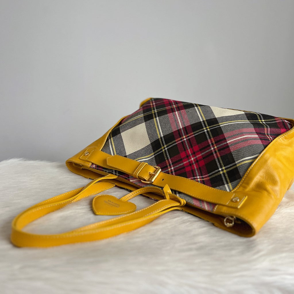 Vivienne Westwood Yellow Leather Signature Pattern Carryall Shoulder Bag Excellent
