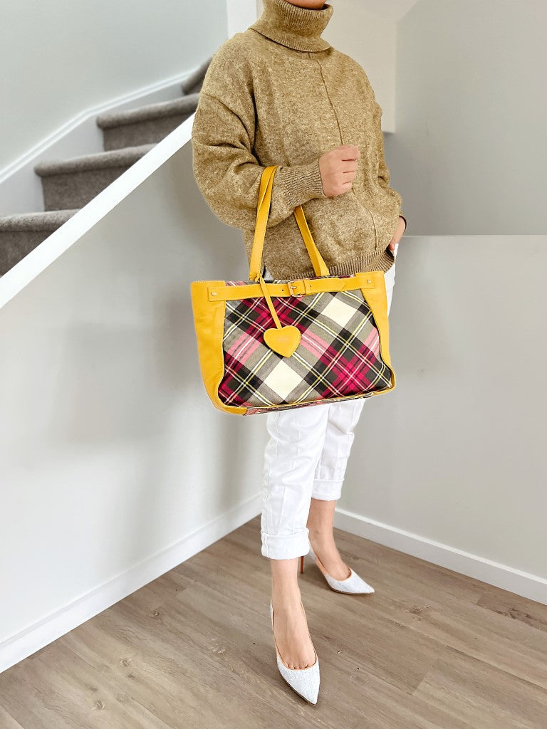 Vivienne Westwood Yellow Leather Signature Pattern Carryall Shoulder Bag Excellent