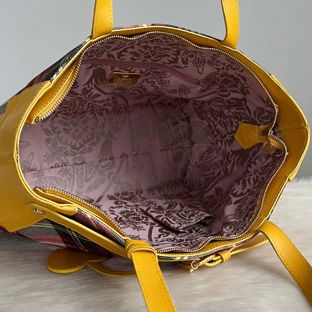 Vivienne Westwood Yellow Leather Signature Pattern Carryall Shoulder Bag Excellent