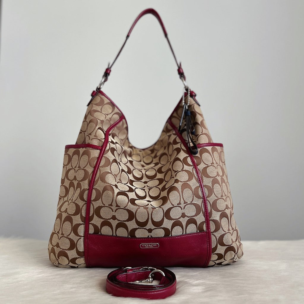 Coach Maroon Leather Monogram Slouchy 2 Way Shoulder Bag