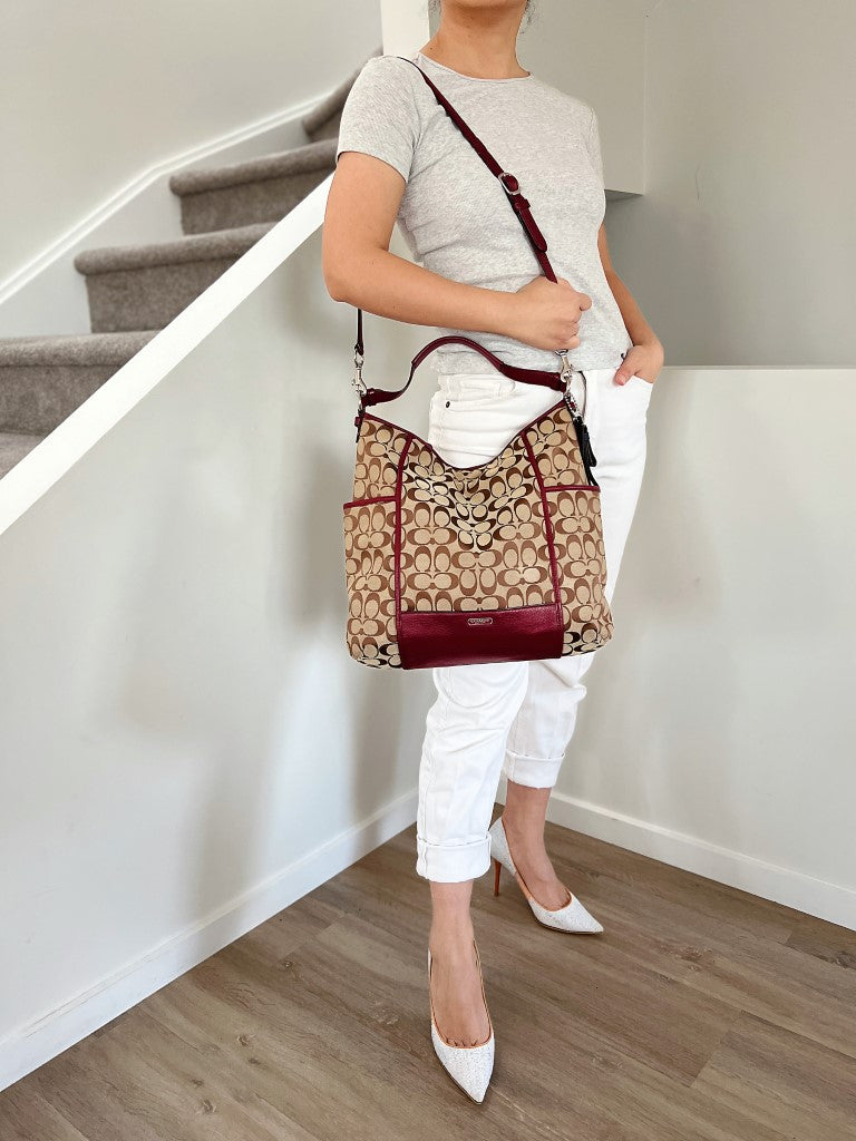 Coach Maroon Leather Monogram Slouchy 2 Way Shoulder Bag
