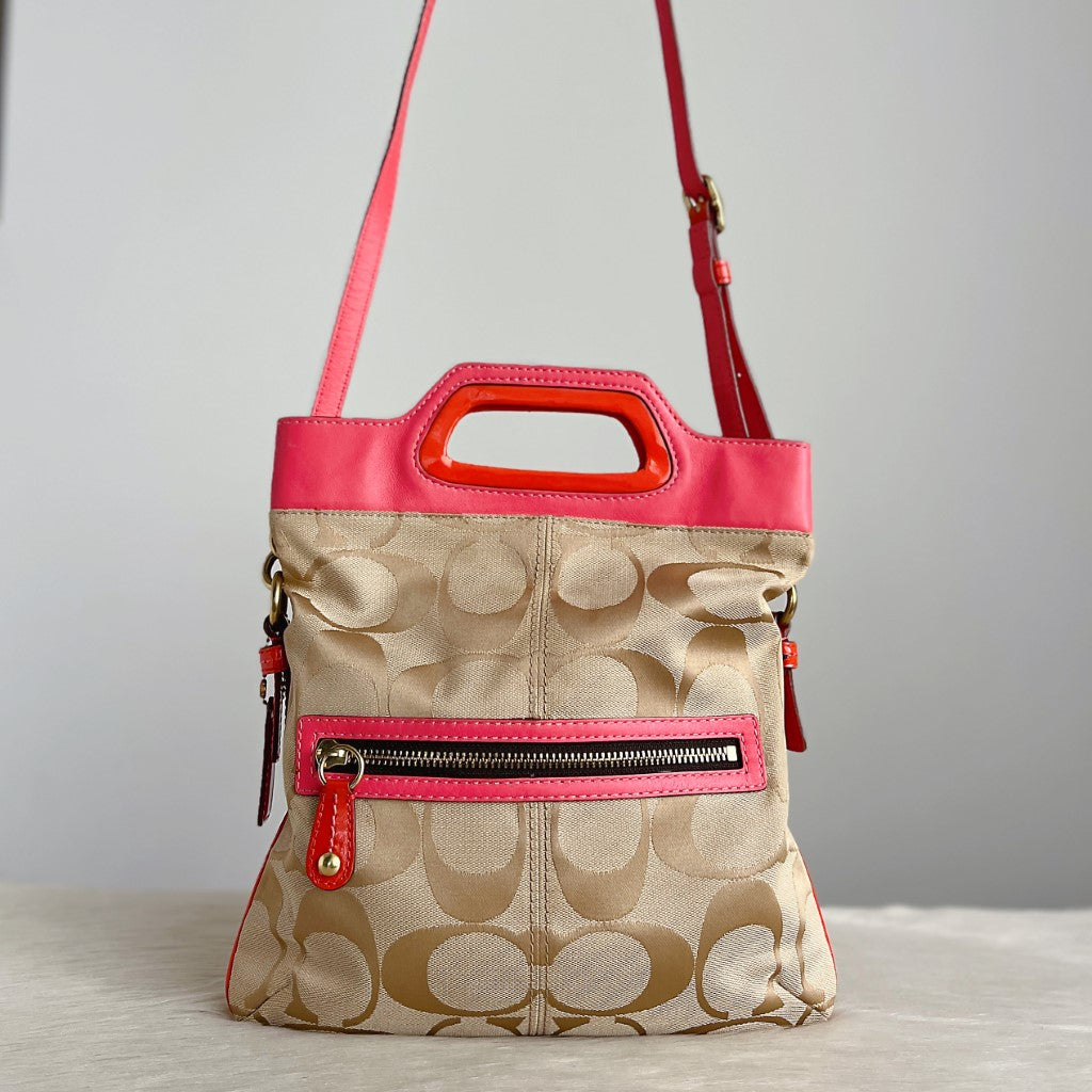 Coach Two Tone Leather Monogram Fold 2 Way Shoulder Bag