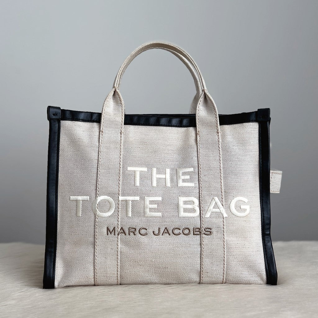 Marc Jacobs Black Leather Trim Canvas Front Pattern Book Tote Bag