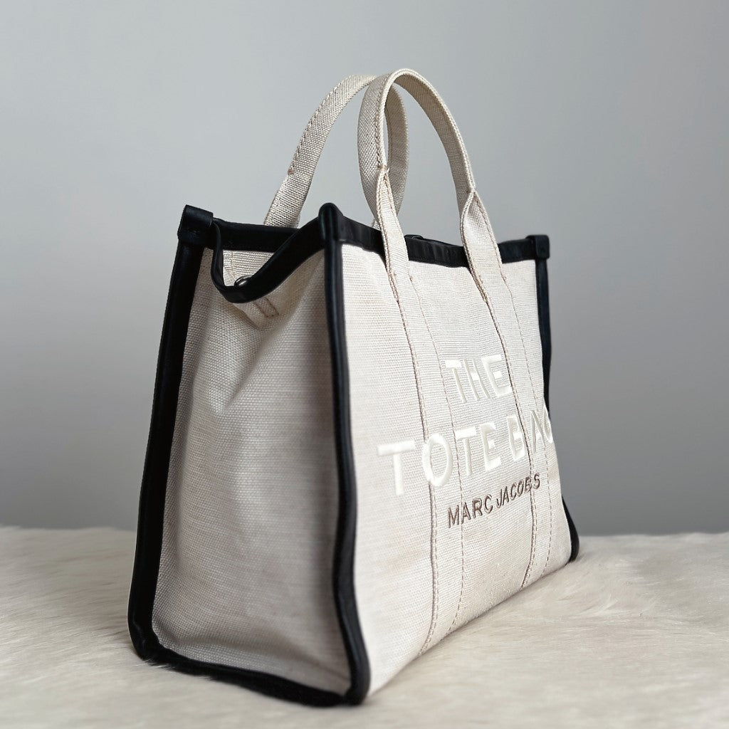 Marc Jacobs Black Leather Trim Canvas Front Pattern Book Tote Bag