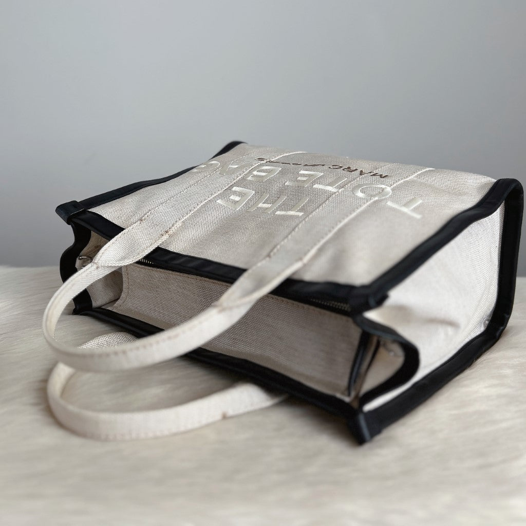 Marc Jacobs Black Leather Trim Canvas Front Pattern Book Tote Bag