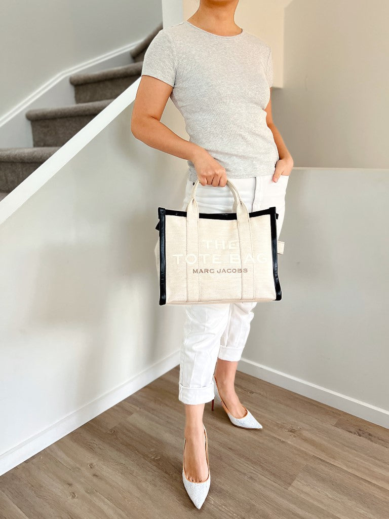 Marc Jacobs Black Leather Trim Canvas Front Pattern Book Tote Bag