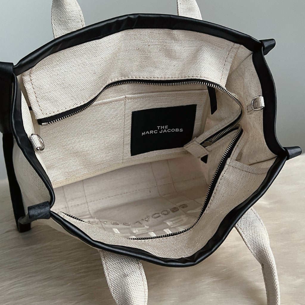 Marc Jacobs Black Leather Trim Canvas Front Pattern Book Tote Bag