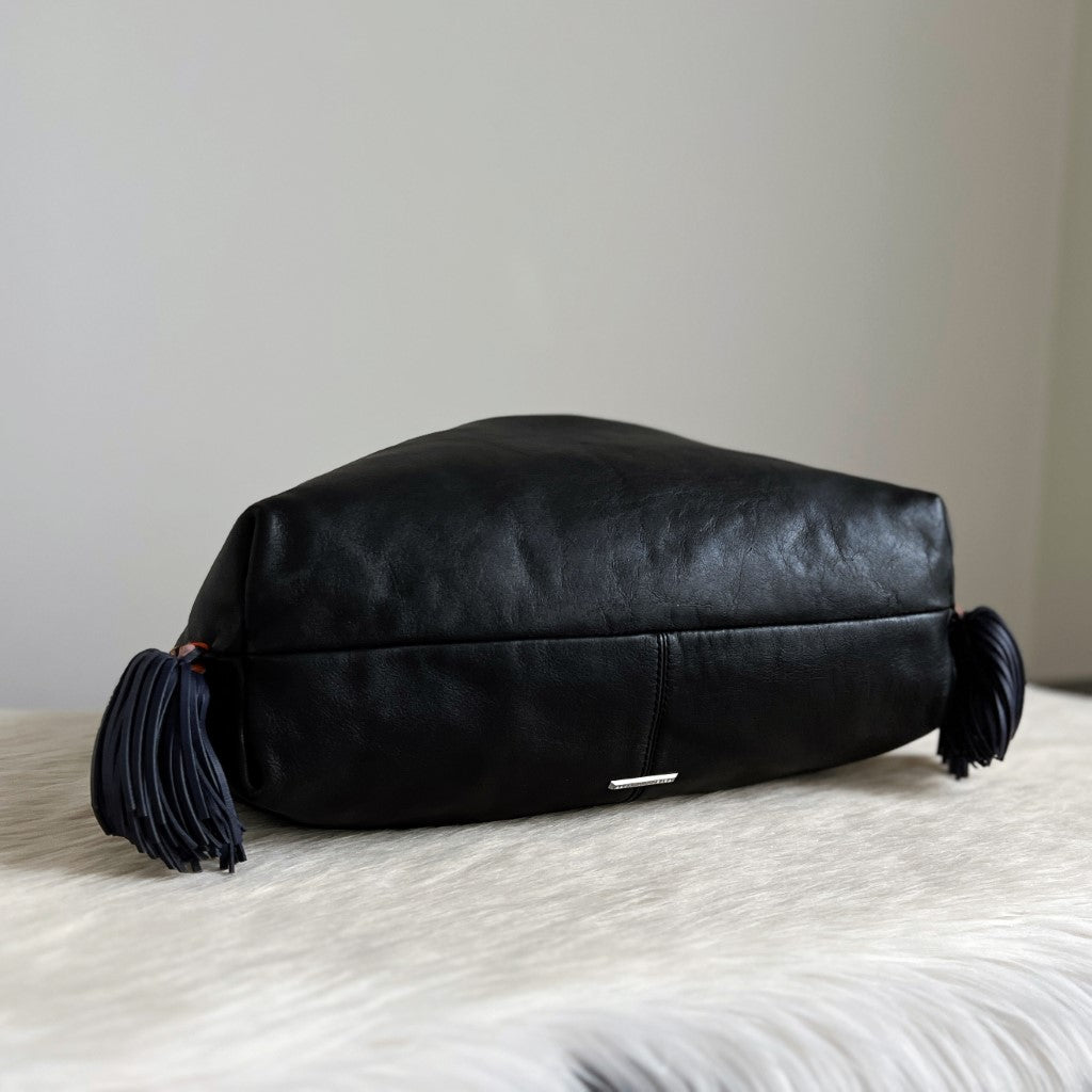 Rebecca Minkoff Black Leather Tassel Charm Pleated Detail Slouchy Shoulder Bag Excellent
