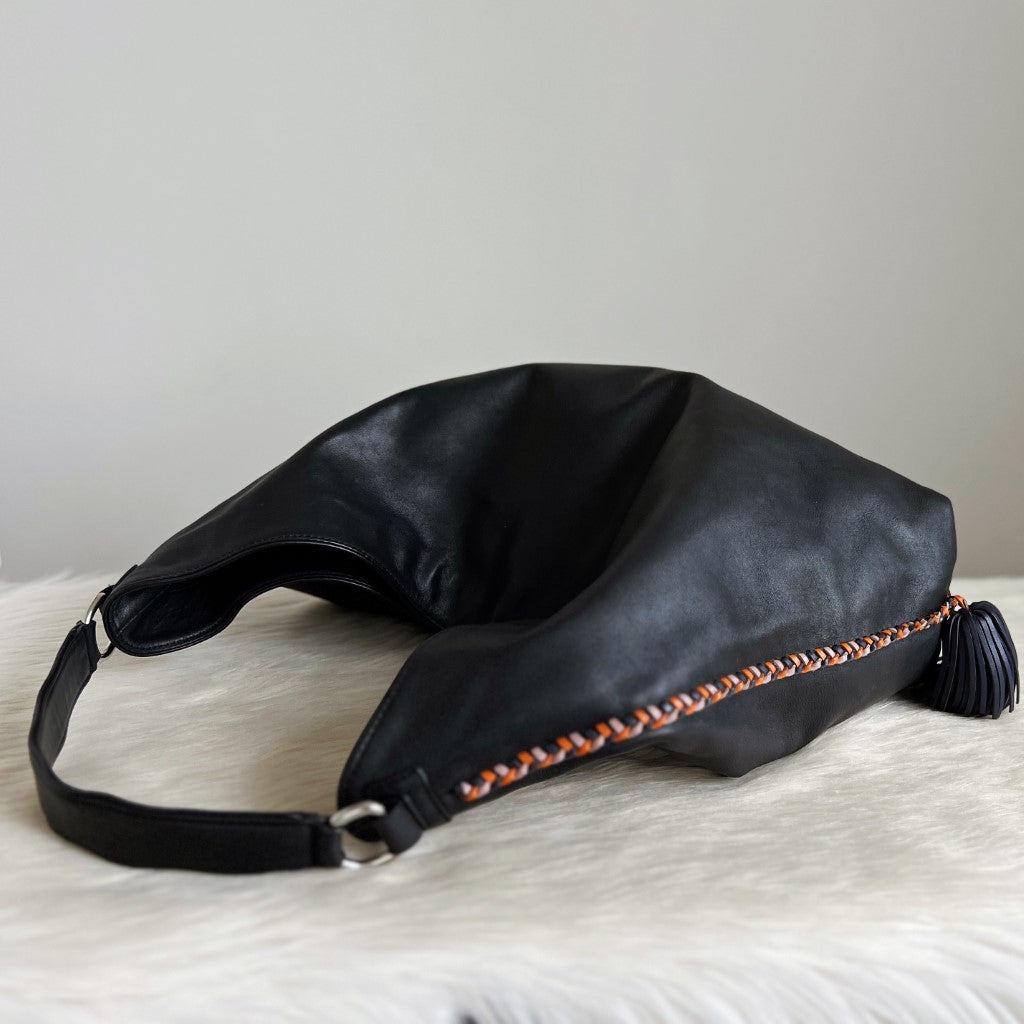 Rebecca Minkoff Black Leather Tassel Charm Pleated Detail Slouchy Shoulder Bag Excellent