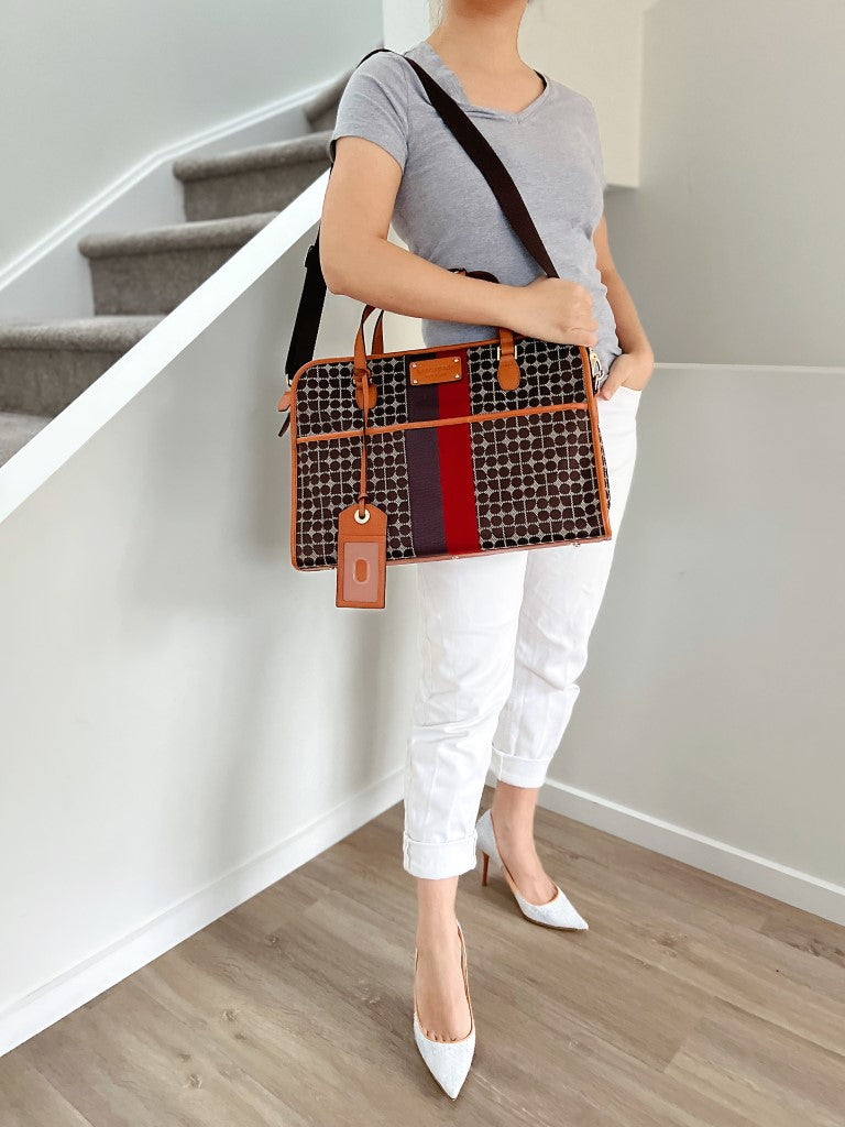 Kate Spade Caramel Leather Patterned Large 2 Way Shoulder Bag + Pouch Like New