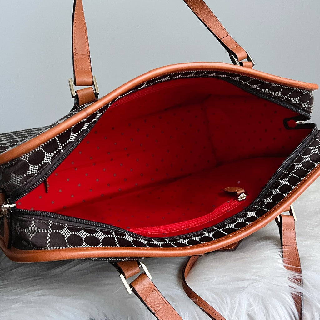 Kate Spade Caramel Leather Patterned Large 2 Way Shoulder Bag + Pouch Like New