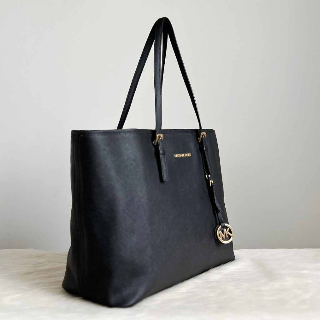 Michael Kors Black Leather MK Charm Triple Compartment Shoulder Bag